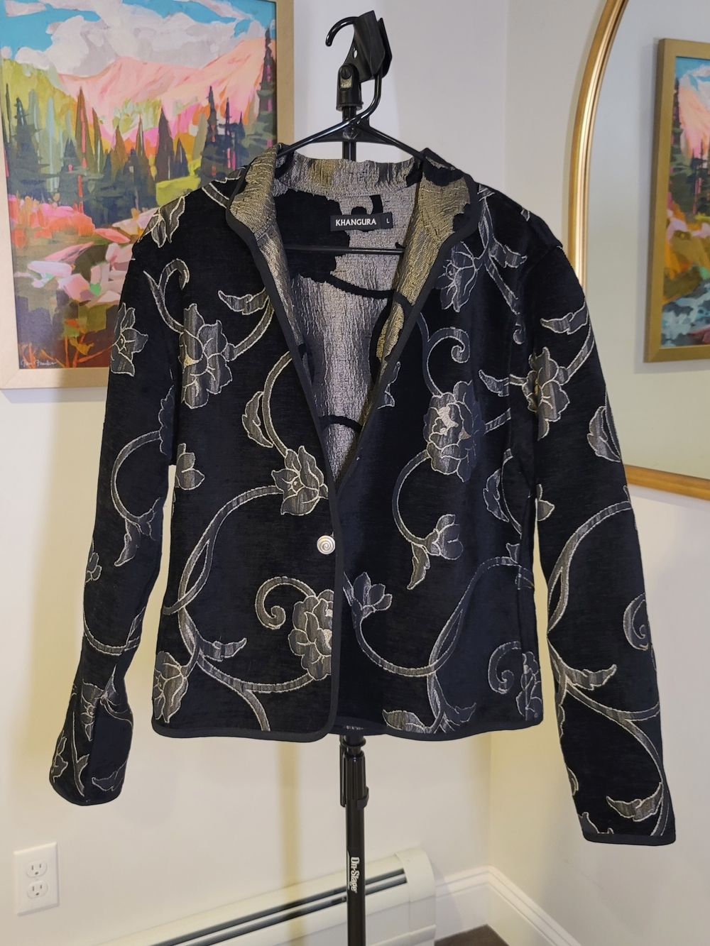 KHANGURA Velvet Burnout Jacket Black Metallic Floral‎ Pattern Reversible L